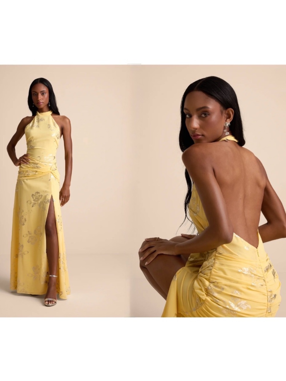 NWT Lulus Dayana Yellow Metallic Floral Backless Maxi Dress S
